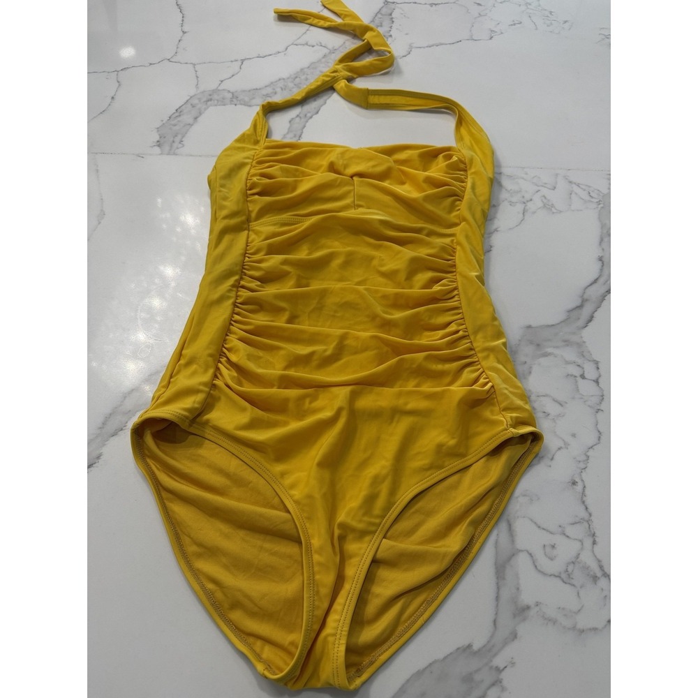 Swimsuit Womens Medium Yellow Halter Ruched One Piece Lined Bathing Suit - Picture 4 of 8